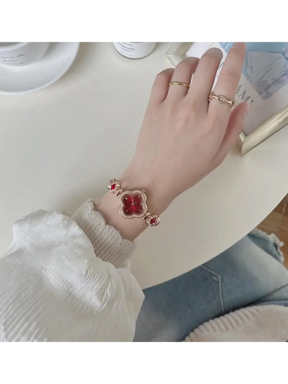 Women's Red Diamond Bracelet Fashion Dress Quartz Luxury Elegant Wrist Watch